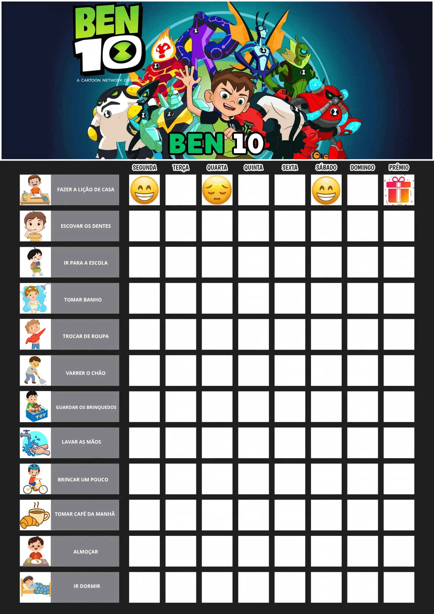 Quadro de Incentivo Infantil para Imprimir Ben 10 em PDF