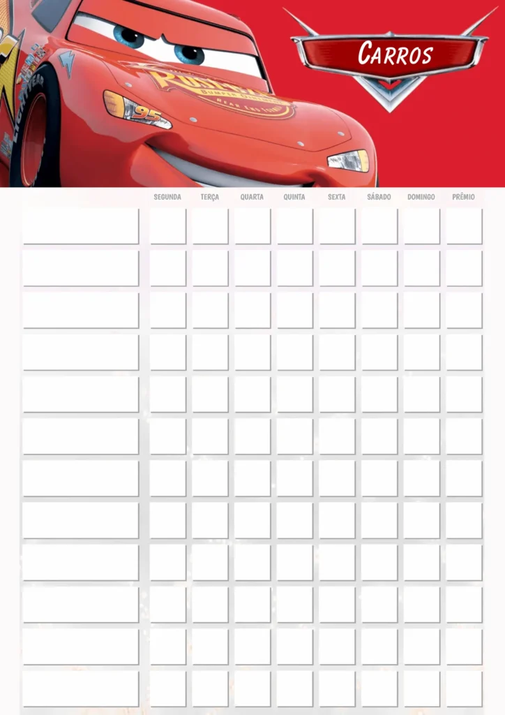 Quadro de Incentivo Infantil para Imprimir PDF Carros