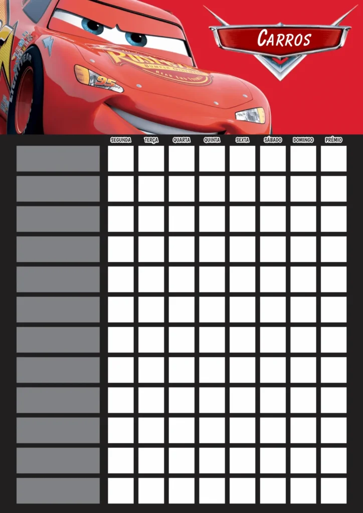 Quadro de Incentivo Infantil para Imprimir PDF Carros