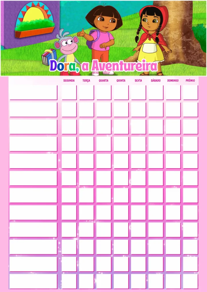 Quadro de Incentivo Infantil para Imprimir PDF Dora, a Aventureira