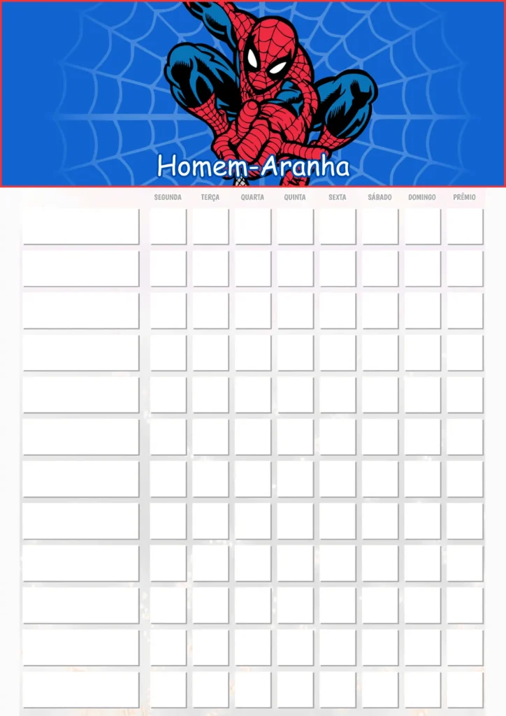 Quadro de Incentivo Infantil para Imprimir PDF Homem Aranha