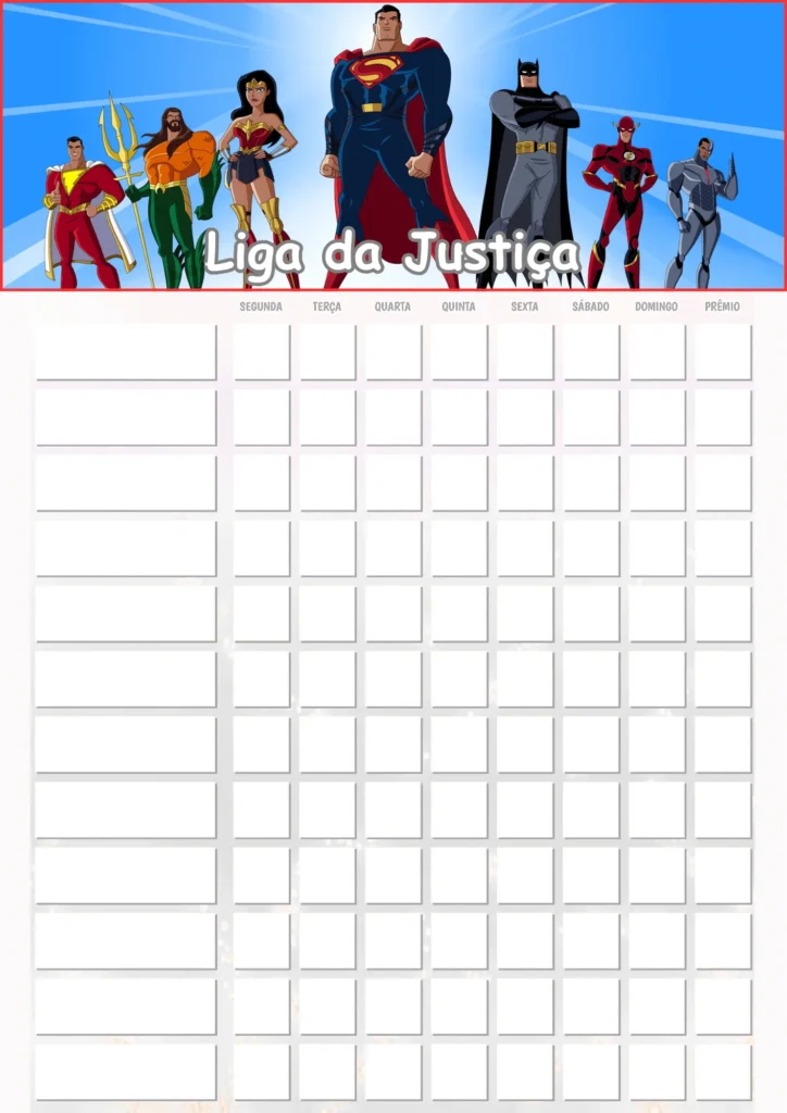 Quadro de Incentivo Infantil para Imprimir PDF Liga da Justiça