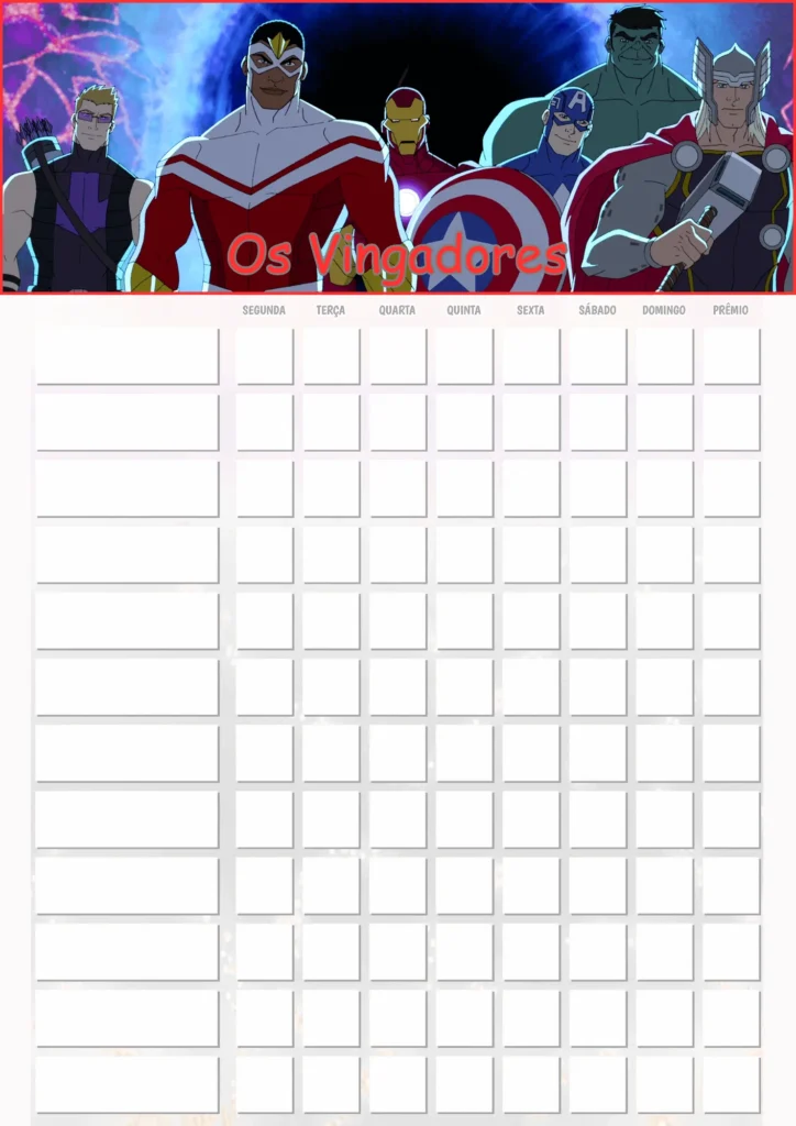 Quadro de Incentivo Infantil para Imprimir PDF Os Vingadores