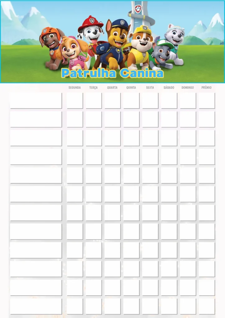 Quadro de Incentivo Infantil para Imprimir PDF Patrulha Canina