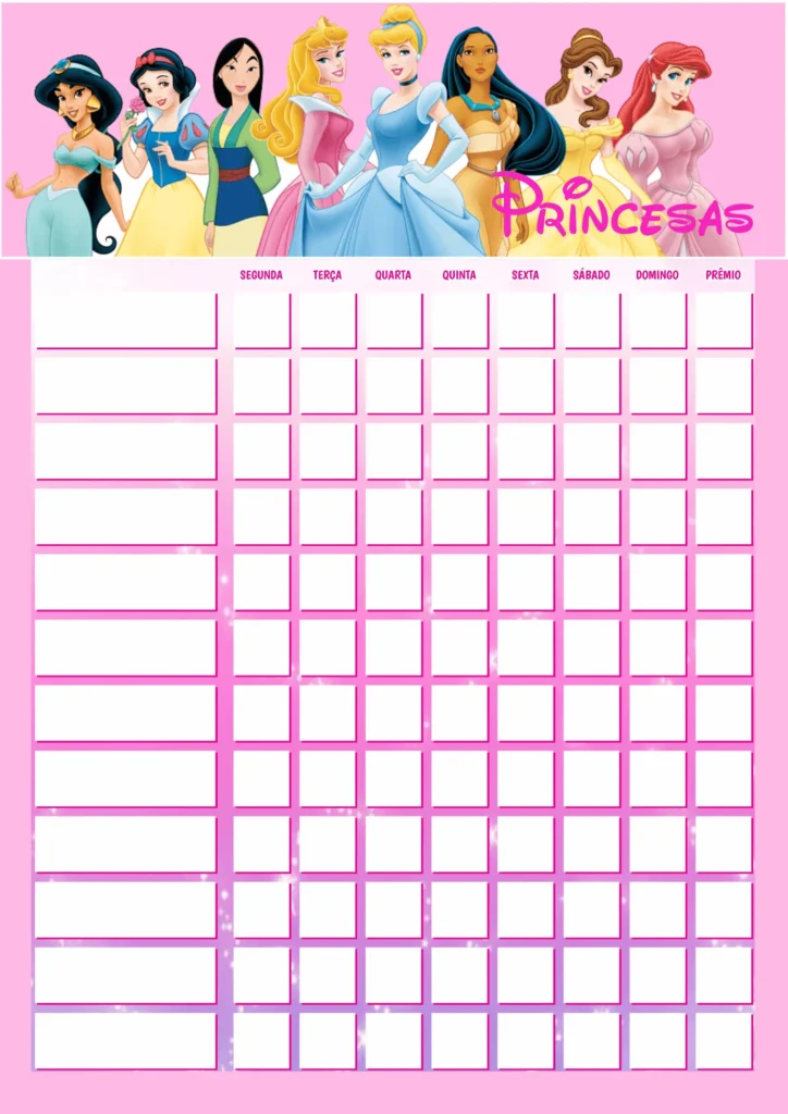 Quadro de Incentivo Infantil para Imprimir PDF Princesas Disney